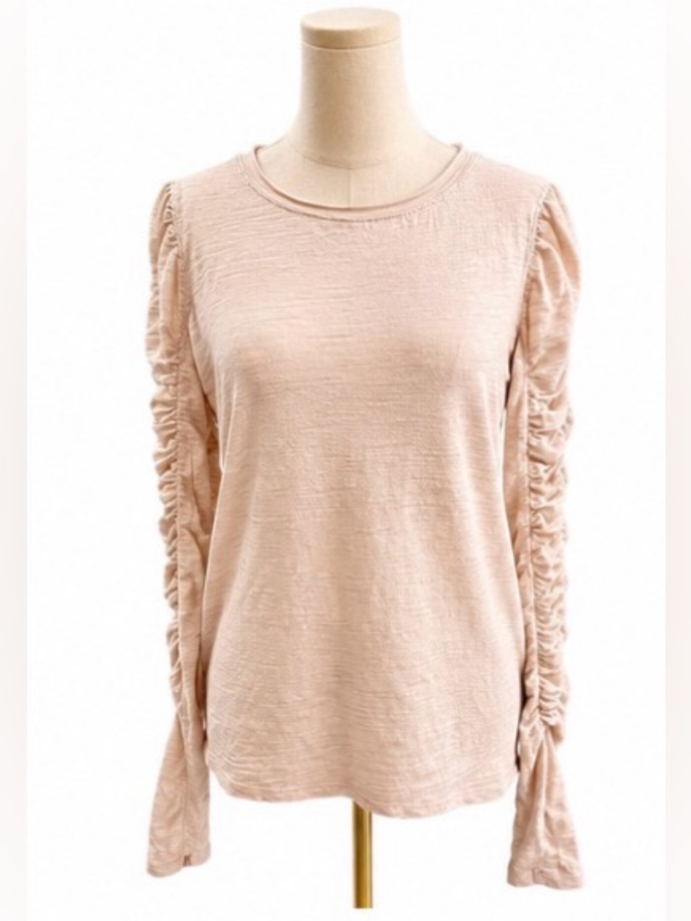 We The Free Free People Oatmeal Pink Ruched Sleeve Slub Knit Top Medium